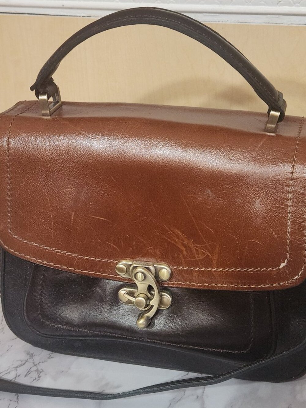 Patricia Nash Two Tone Brown Leather Crossbody Brass Hardware